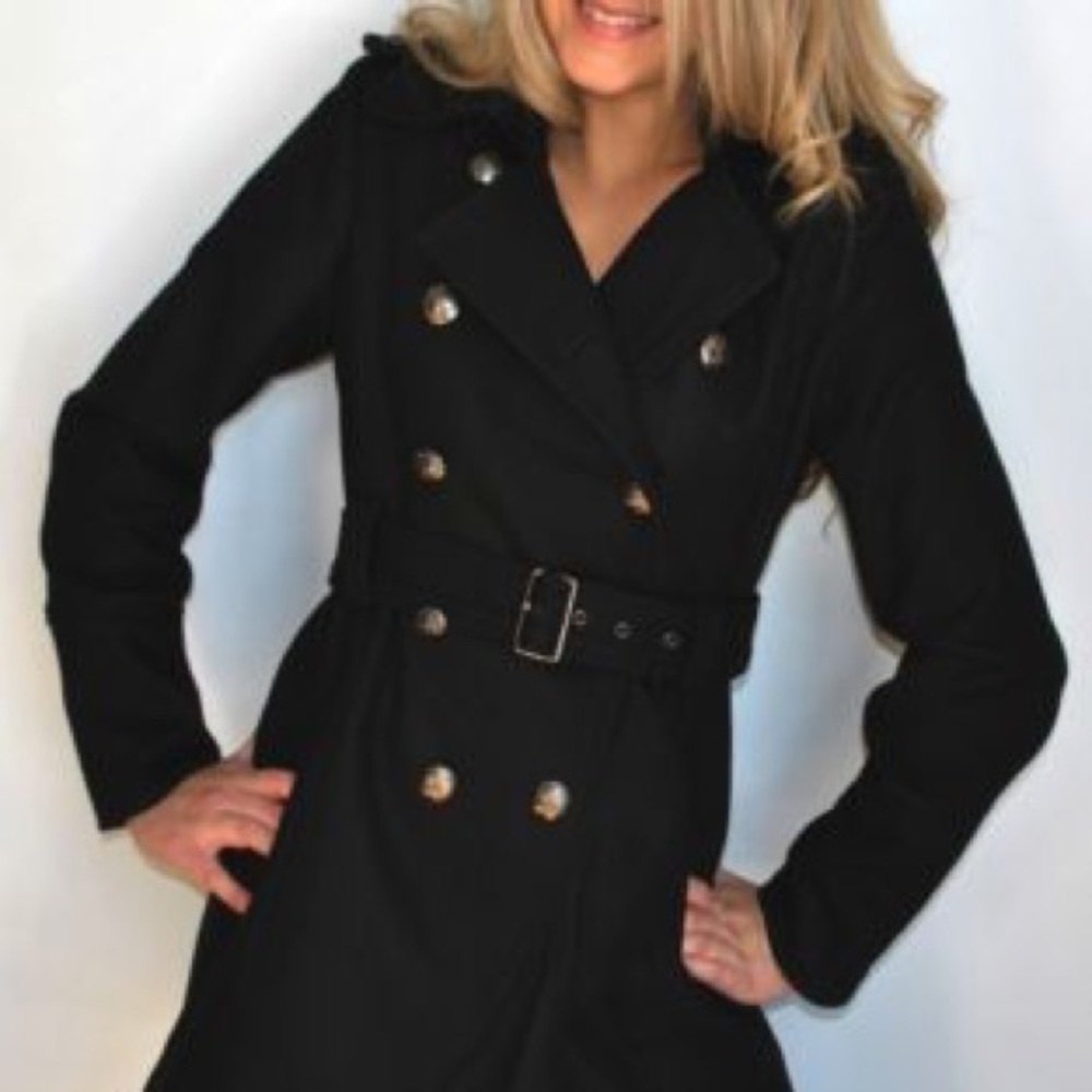 GUESS Womens Coat Black Wool Jacket Ruffled